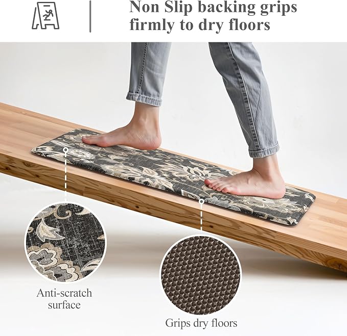 LEEVAN Anti Fatigue Kitchen Mats for Floor, Cushioned Kitchen Mat Set 2PCS | 20"x31"+20"x47", Boho Floral Black Kitchen Rugs Non-Slip Comfort, Waterproof Ergonomic Standing Mat for Laundry, Office, Sink