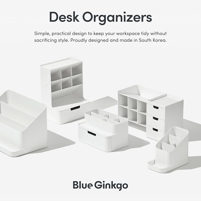 BLUE GINKGO Portable Desk Organizer, White, Made in Korea | 3 Compartments. Half Drawer. Everyday Storage.