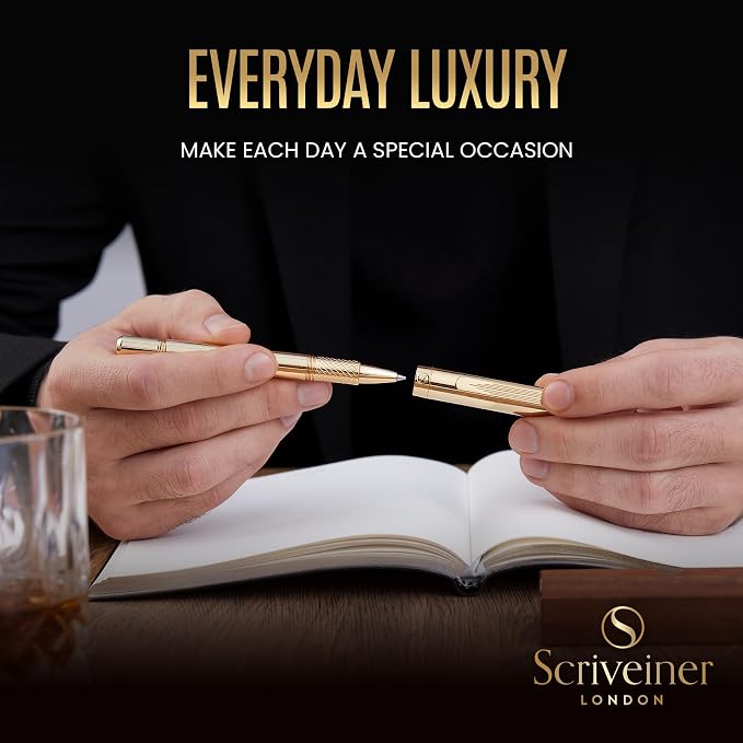 Scriveiner Heavy Gold Rollerball Pen, Award Winning Luxury Pocket Pen with gold plating Finish, German Schmidt Refill, Best EDC Writing Gift Set for Men & Women, Nice Fancy