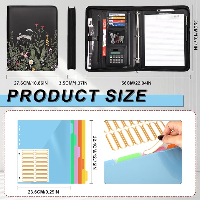 Eshow padfolio Portfolio Binder - 3 Ring Binder with Zipper, Vegan Leather | Includes 5 Colorful Sheet Protectors for Documents & Diles, 1 Pen, and 1 A4 Notepad, Designed for Women and Men