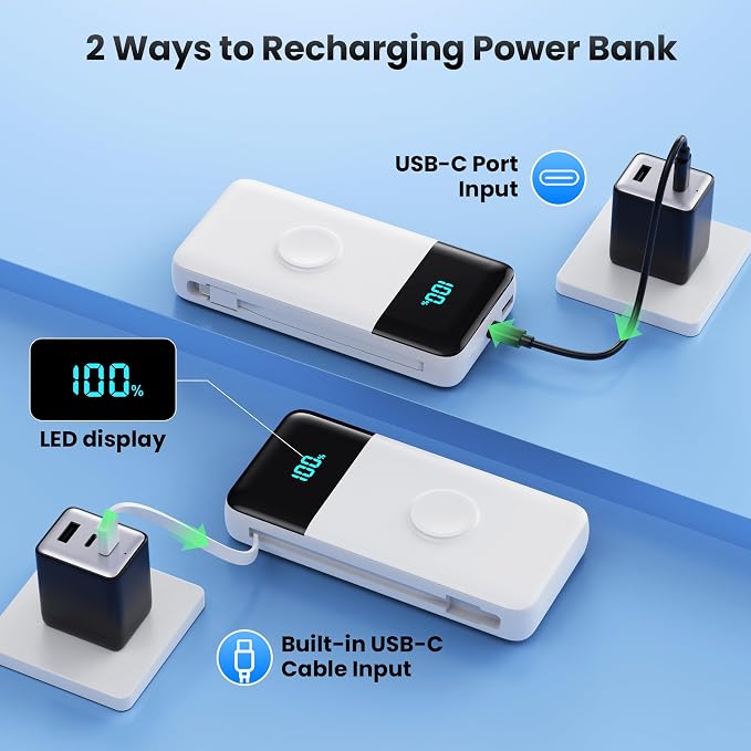 Portable Charger Power Bank 40800mAh with Built-in Cables,25W Fast Phone Charging Portable Battery Pack,5 Outputs Travel Essentials Outdoor External Battery for iPhone 17/16,Galaxy Android etc-White