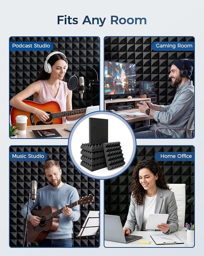 GUERRI 12 Pack Acoustic Foam Panels 12" x 12" x 3.2" Pyramid Design Sound Proof Foam Panels High Density Sound Absorbing Foam Echo Reduction for Wall, Home Studio, Recording & Gaming