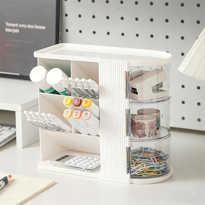 Desk Organizer with Pen Pencil Holder for Desk, Pen Organizer with 3 Drawers, Multi-Functional Desk Organization Deals and Accessories Desktop Storage for Office Home Art Supplies (White)