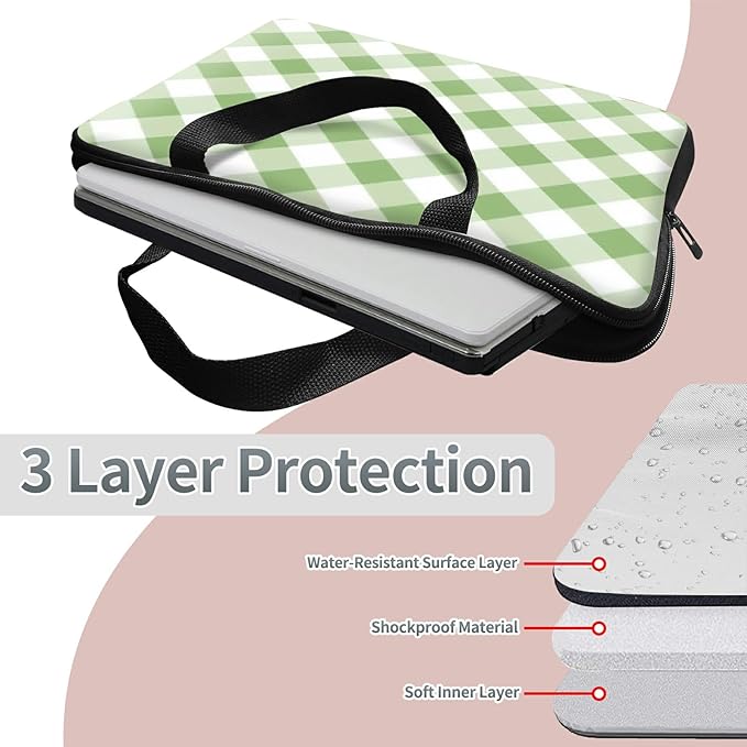 Laptop Sleeve Case Bag 13 inch, Green and White Checkered Slim Carrying Case Handbag Travel Laptop Bag for 13 inch MacBook Air M3/M2/Pro M2/ 13" iPad Pro/Air M4/M2 2024