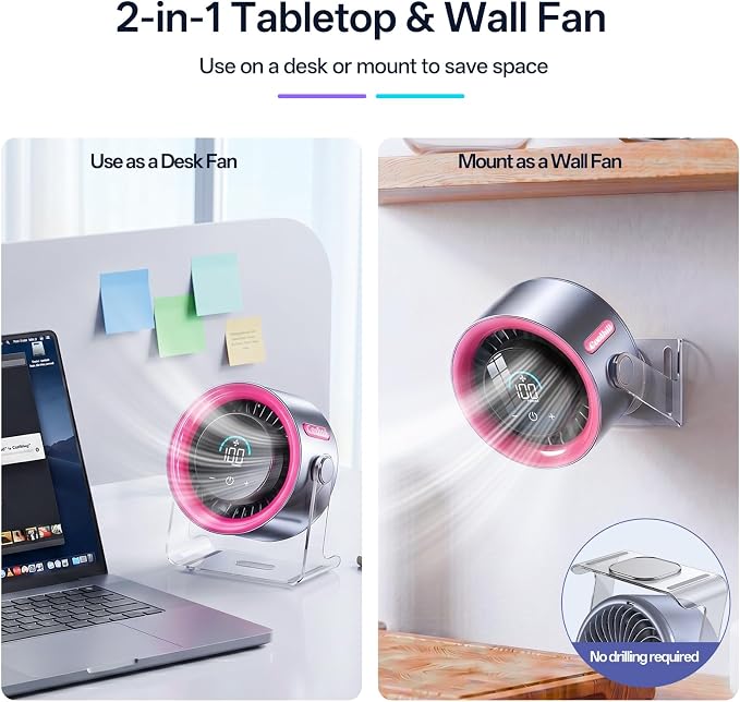USB Desk Fan for Bedroom: 100 Speeds Digital Display Quiet Portable Fan with Turbo Airflow, 120° Rotating Small Rechargeable Battery Desktop & Wall-Mounted Fans for Bedroom Home Office