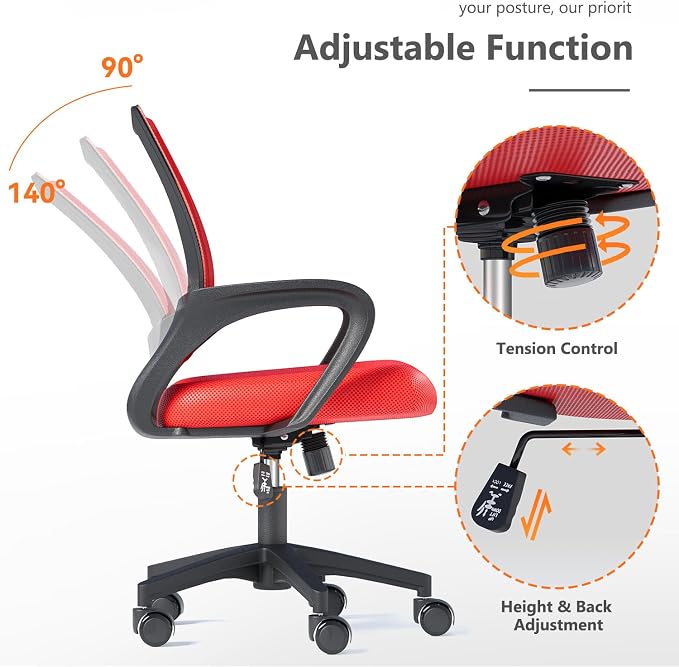 OS MOTOR Ergonomic Mid-Back Mesh Office Chair (Red) | Lumbar Support, Adjustable Height, Swivel Rolling Design, Comfy Armrest, Home, Office, Work, Study, Gaming, Vanity