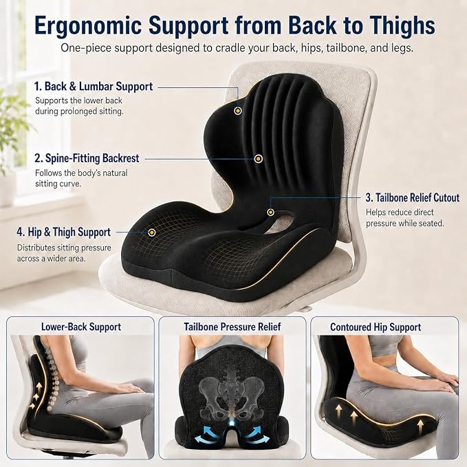 Car Seat Cushion with Lumbar Support, One-Piece L-Shaped Memory Foam | Ergonomic design with coccyx cutout, hip-to-thigh support and anti-slip base for long drives, office chairs and wheelchairs.