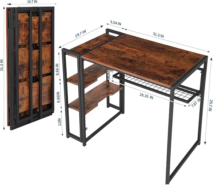 GarveeLife 35 inch Folding Desk Writing Computer Desk with Storage Shelf,Spaces Saving Writing Sturdy Table No Assembly,for for Bedroom, Home Office, Dorm, Apartment, Brown