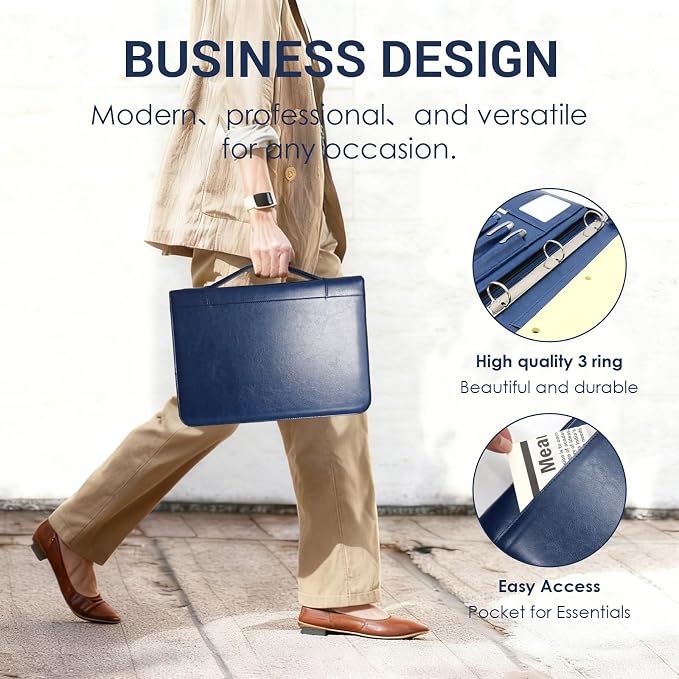 Faux Leather Portfolio with Handle, 3-Ring Padfolio Organizer for 13.9-Inch Laptop/Tablet, A4 Legal Pad Holder, Multi-Pocket Business Folder for Work, Office, Meetings & Daily Commute (Blue)