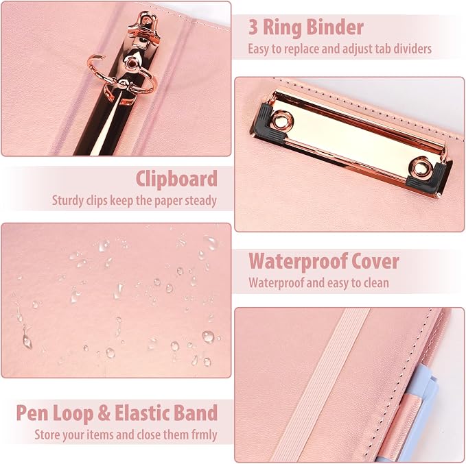 Leather Binder Portfolio with Clipboard 1 Inch, 13" × 11" PU Clipboard Binder with Notepad, 5 Dividers with Pockets, Removable Folder,Labels,Great for School Office(Fit Letter Sized Paper)