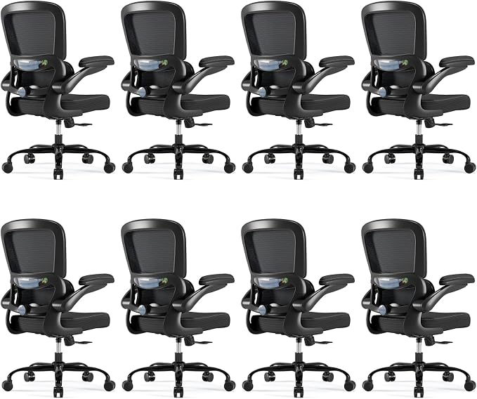 TRALT Ergonomic Office Chair - Desk Chair with Adjustable Headrest Lumbar Support Computer Chair - Mesh Comfy Chair with Flip-up Armrests - Gaming Chair for Adults Home Office PU, Black, Pack of 8