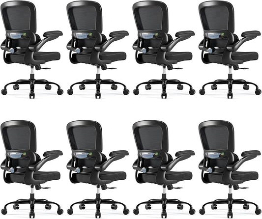 TRALT Ergonomic Office Chair - Desk Chair with Adjustable Headrest Lumbar Support Computer Chair - Mesh Comfy Chair with Flip-up Armrests - Gaming Chair for Adults Home Office PU, Black, Pack of 8