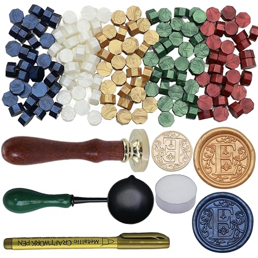 Initial Alphabet Wax Seal Stamp Kit, Retro Letter E Sealing Stamp with 150Pcs Sealing Wax Beads Spoon Pen Set for Wedding Invitations Cards Envelopes (E)