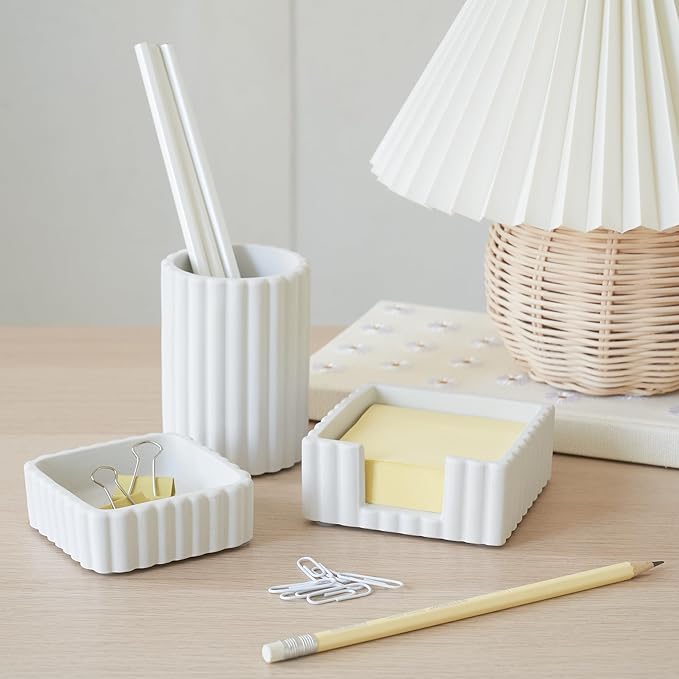 Aesthetic Desk Organizer Set of 3 For Your Office - Sturdy Concrete Desktop Accessories For Women Enhance Any Office Decor - Set incl. Pen Holder, Paperclip Storage & Sticky Note Holder for Teacher