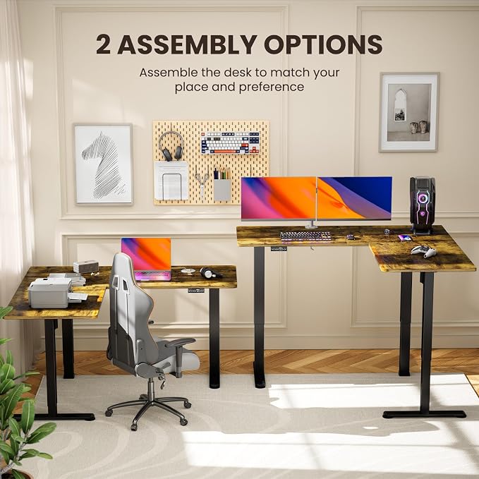 ErGear 63″ L Shaped Standing Desk Electric Adjustable Height, Vintage Brown | Left & Right Interchangeable Installation, 4 Memory Presets, One-Touch Control, Stable Steel Frame, 220 lbs Capacity