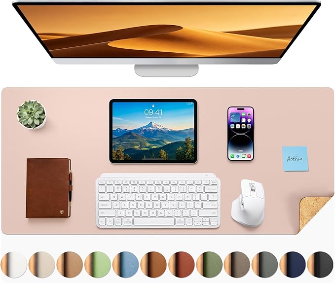 Aothia Double-Sided Desk Pad – 35.4" x 15.7" Leather Desk Mat with Eco Cork Protector, Large Mouse Pad, Waterproof Desk Blotter for Office/Home (Pink)