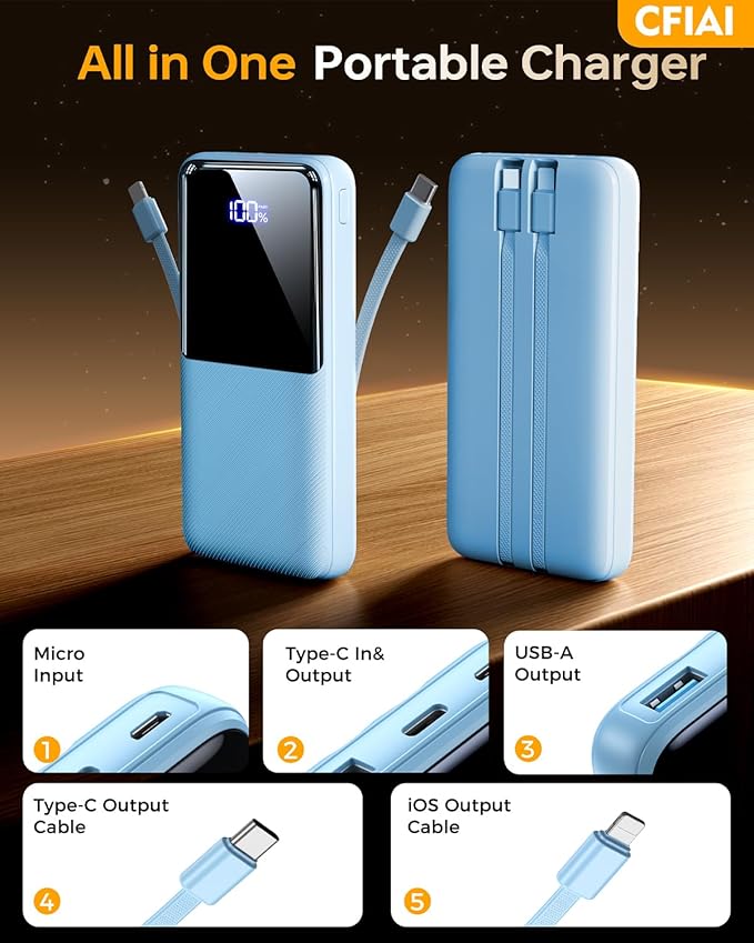 Portable Charger Power Bank, 50% Larger Capacity 20000mAh Battery Pack with Built in Cable, 22.5W Fast Charging Travel Camping Essential Powerbank for iPhone 17 16 Pro iPad Samsung S26 Google, Ocean