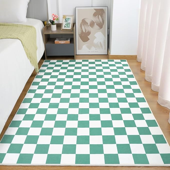 Terrug Green and White Checkered Rug for Bedroom,3x5 Area Rugs Washable with Non Slip for Living Room,Soft Low Pile Stain Resistance Retro Carpet for Dorm Kids Room