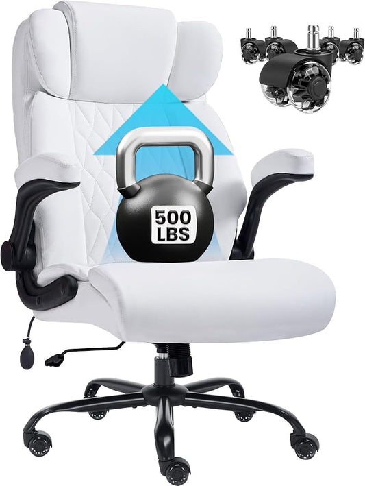500lbs Big and Tall Office Chair Adjustable Lumbar Support for Back Pain, Extra Wide Seat Executive Office Chair Thick Armrest Pad, Heavy Duty Base&Upgraded Wheels, Ergonomic Comfy Computer Desk Chair