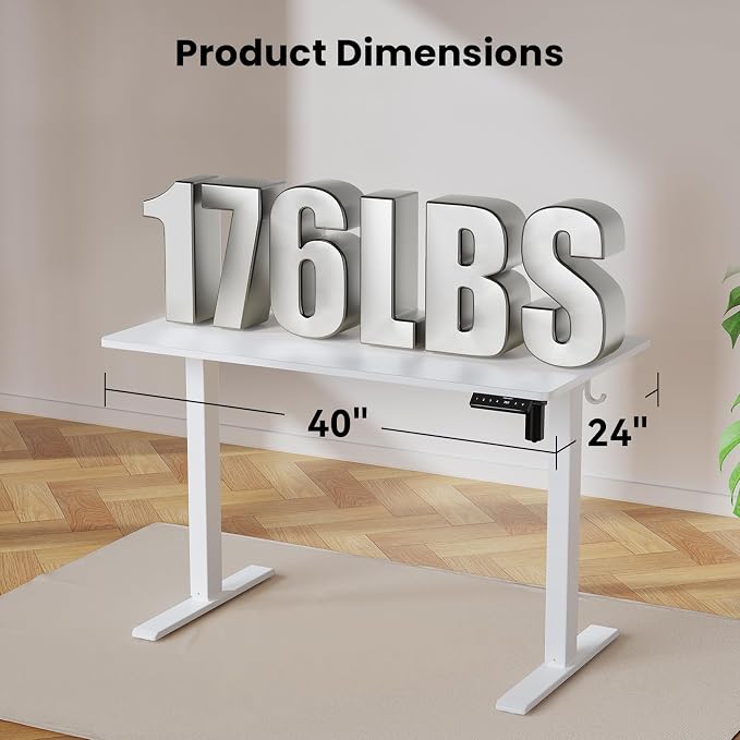 WALKINGDESK 40x24 Inches Height Adjustable Electric Standing Desk with 2 Hooks for Home Office, Ergonomic Sit Stand up Desk with Splice Board, White