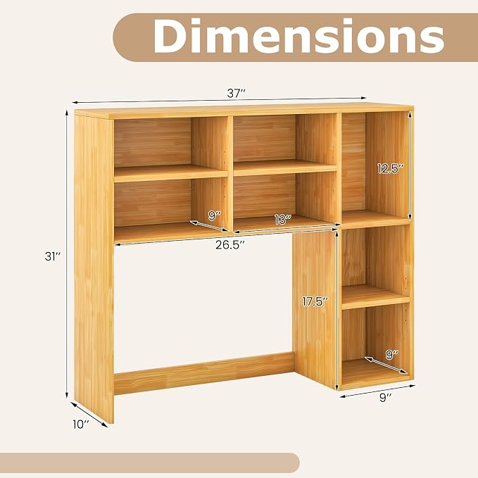 Tangkula Desktop Bookshelf, 37" Countertop Storage Hutch with 7 Cubes & 3 Adjustable Shelves, 3-Tier Desk Display Rack Organizer, Multipurpose Wood Desktop Hutch for Dorm Home Office (Burlywood)