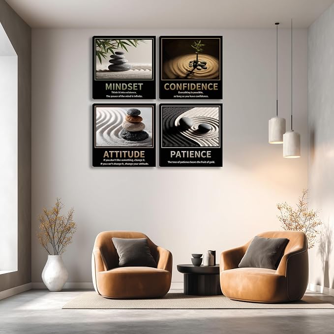 Kuiluuye Motivational Wall Decor Inspirational Zen Canvas Wall Art for Living Room Zen Stone Green Plant Picture for Office Workplace Painting Poster Artwork
