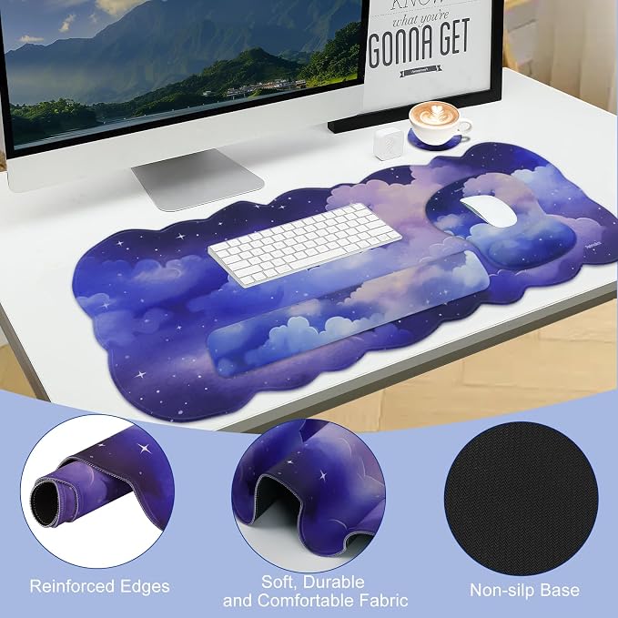 Petmolico Desk Pad Set with Wrist Rest for Keyboard & Mouse, Cloud Sky | Anti-slip PU base, durable Lycra & memory foam, relieves wrist fatigue, perfect for work, home & daily use