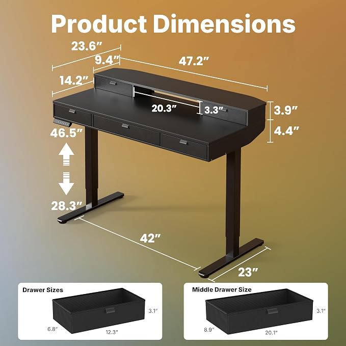 HUANUO 48 x 24 Inch Electric Standing Desk with 4 Drawers, Black | 4 Drawers For Organized Storage, Raised Monitor Shelf, C-Clamp Mount Support, 4 Memory Presets, 28.3–46.5 Inch Height Range