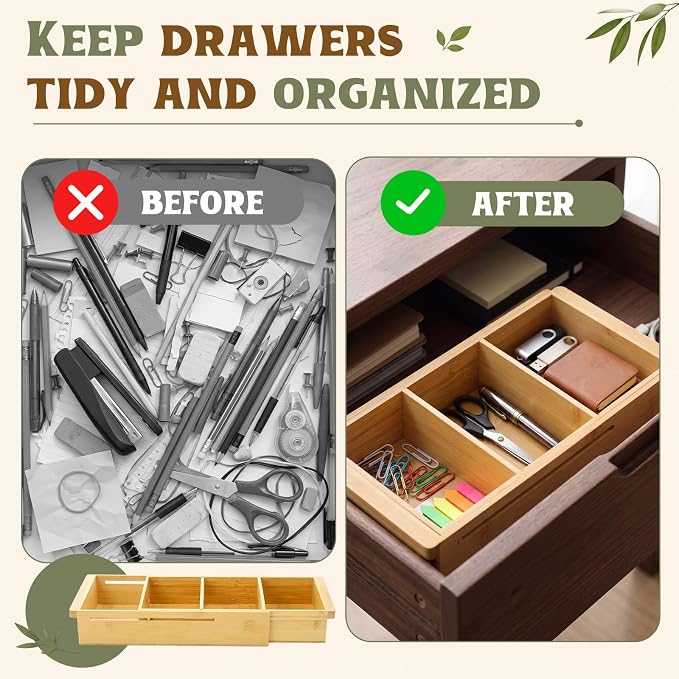 Yookeer 2 Pcs Expandable Drawer Organizer Adjustable Hanging Deep Drawer 11.4'' to 18.1'' Bamboo Wood Dividers Storage Tray for Desk Kitchen Bedroom Bathroom Office Supplies