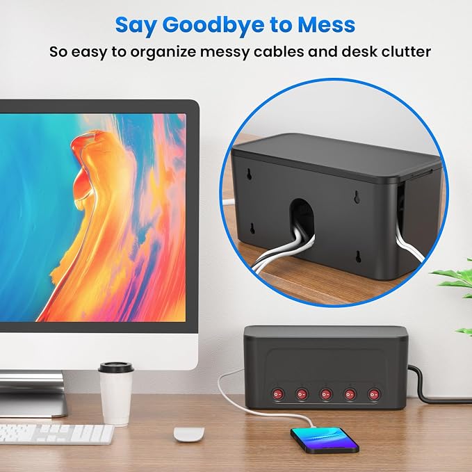 Power Strip with Cable Management Box, Large Cable Organizer Box, Black | Power Strip Box with 10 AC and 3 USB,6 ft Flat Plug Extension Cord,Outlet Hider Charging Station,Hidden Desk Cord Organizer