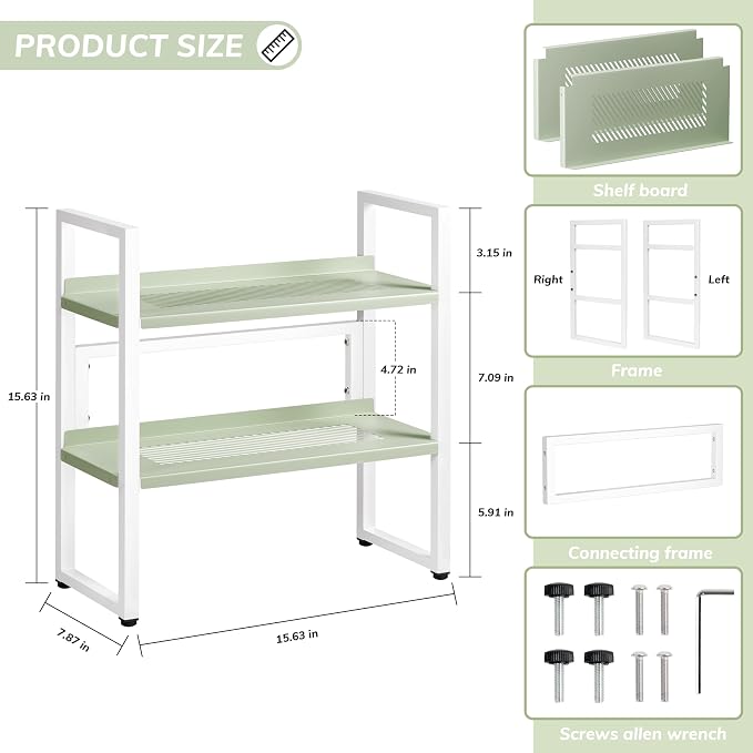 Brakki Desk Shelf Organizer, 2-Tier Desktop Bookshelf, Small Office Shelf | Adjustable Shelf, Metal Desktop Rack for Dorm, with Foot Mat, Multi-Functional Organization, White and Green