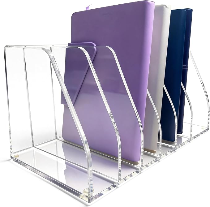 Clear Acrylic Magazine File Holder, 6 Compartment Desk Organizer | 6 spacious vertical compartments hold magazines, files, books & more. 5mm thick clear acrylic, non-slip base. No assembly.