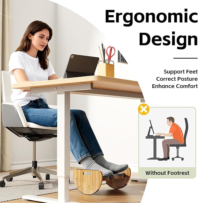 Ergonomic Under Desk Bamboo Footrest, 3-in-1 Reversible Rocking Footrest with Footpads, 4 Adjustable Heights Office Foot Stool, Large Anti-Slip Surface, Improves Posture and Blood Circulation