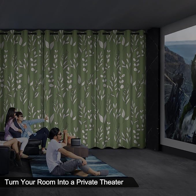 Blackout Curtains for Bedroom Living Room Grommet Thermal Insulated Room Darkening Drapes, Green and White Leaves Print Blackout Curtains 84 Inch Length 2 Panels Set Soundproof Maintain Privacy