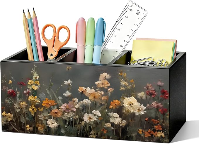 Vintage Floral Pen Pencil Holder for Desk, Moody Cottagecore Botanical Flower Wooden Box Sign Organizer for Home Room Office Bedroom Desk Accessories Tabletop Decorations