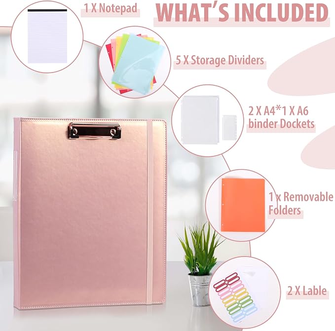 Leather Binder Portfolio with Clipboard 1 Inch, 13" × 11" PU Clipboard Binder with Notepad, 5 Dividers with Pockets, Removable Folder,Labels,Great for School Office(Fit Letter Sized Paper)