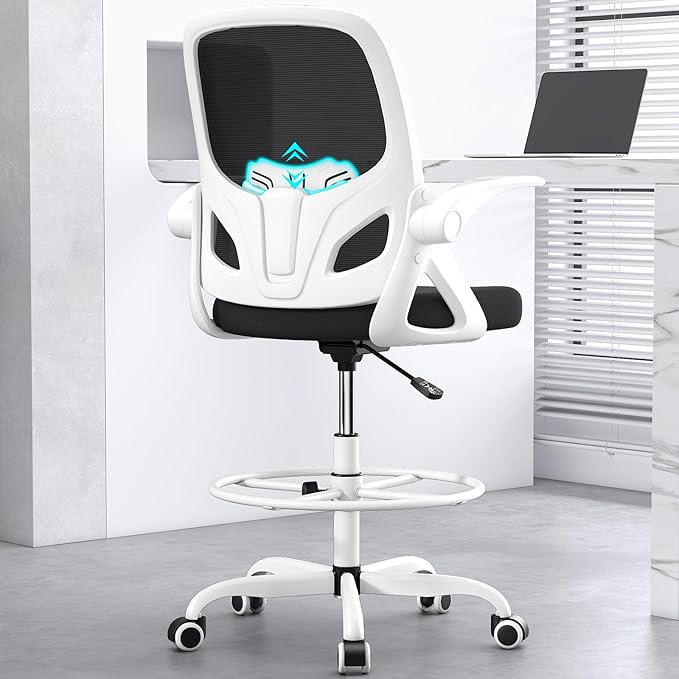 Kensaker Drafting Chair Tall Office Chair, Ergonomic Standing Desk Chair with Adjustable Foot Ring and Flip-up Armrests, Mesh Computer Chair for Art Studio, 300 LBS, White