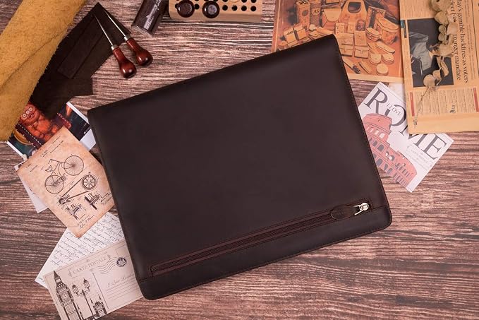 Genuine Leather Professioal Business Portfolio Padfolio Folder with Zipper for Men and Women,Work Portfolio for Letter Size Notepad, for Meeting and Travel, Dark Brown