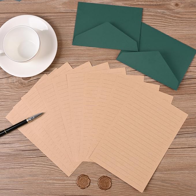 48 Pieces Stationery Set with Envelopes (24 Kraft Paper Sheets + 12 Linen Texture Envelopes+12 Wax Seal Stickers), Stationery Letter Writing Paper Set for Love Letters and Party Invitations(Green)
