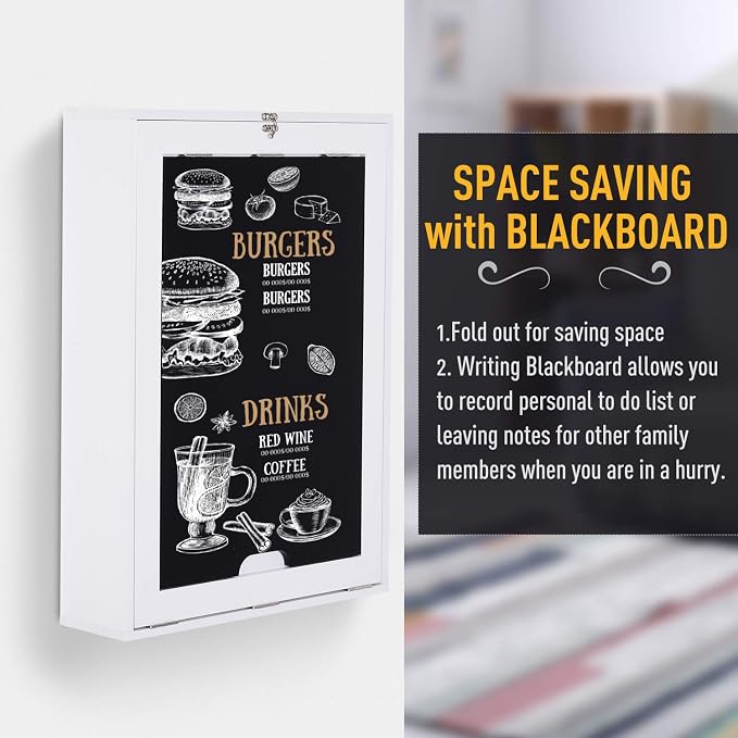 Wall Floating Desk with Storage, Foldable Hidden Desk with A Blackboard, Hideaway Fold Out Desk, Pull Out Murphy Table, Wooden Writing Table for Home Office Bedroom Small Spaces Apartment (White,)