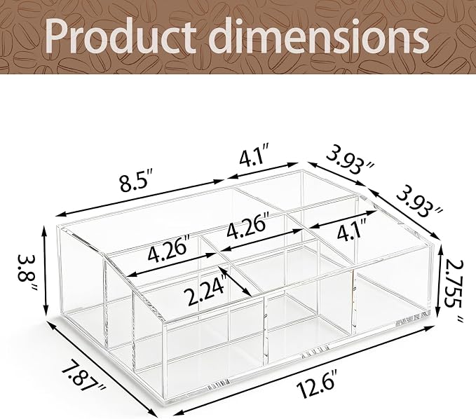 Coffee Bar Accessories, Acrylic Coffee Station Organizer Storage Box | Clear Coffee Station Accessories with Removable Dividers for Pod Condiment Syrup Cup Stirrer Tea Bag, Farmhouse Table Decor