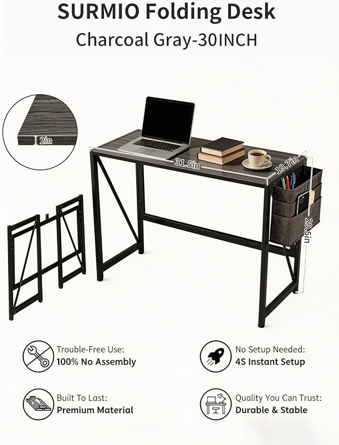 Modern Desk Writing Computer Desk for Home Office, No-Assembly Study Office Desk Foldable Table for Small Spaces (Black Oak, 31.5 inch)