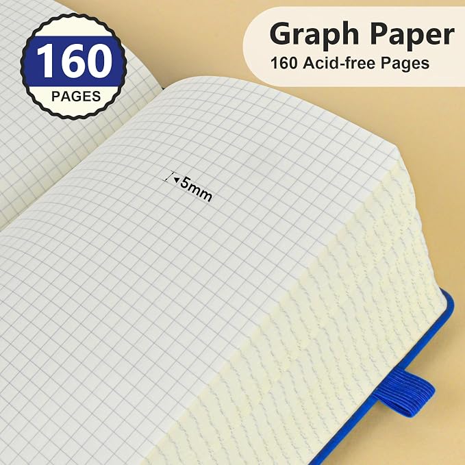 PERCUN A5 Hardcover Graph Paper Notebook, 5.9”x8.5” Leather Journal for Women & Men, 160 Pages Grid Paper Composition Notebook for Work, School, Math, Quad Ruled Writing Journals,Graphing (Navy)