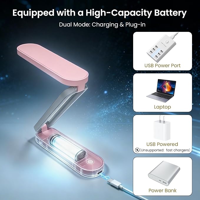 Rechargeable LED Desk Lamp, Foldable Portable Table Light with 3 Brightness Levels,Type-C USB Charging,Small Desk Lamp,Portable Bedside Wireless Reading Light,Home, Office, Nail Art,Craft,Pink