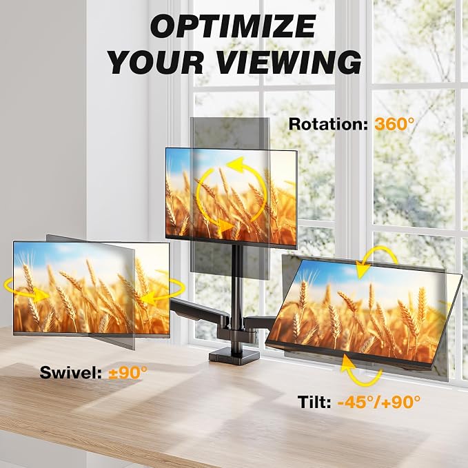 5Rcom Triple Monitor Mount Stand for 17-34 Inch Computer Screens | Gas Spring Full Motion Arms, Each Holds 22lbs, Compatible 75/100mm VESA Mount