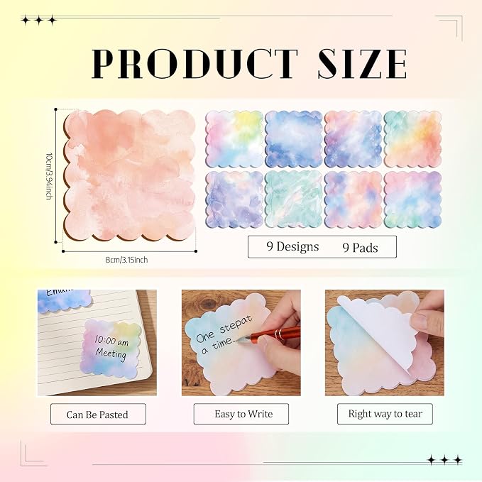 9 Pcs Scalloped Aesthetic Sticky Notes 3x3 Inch Vintage Colors Cute Wavy Self Sticky Note Pads Memo Pads for Journal School Office Supplies Decoupage Craft Stationery Gift(Watercolor)