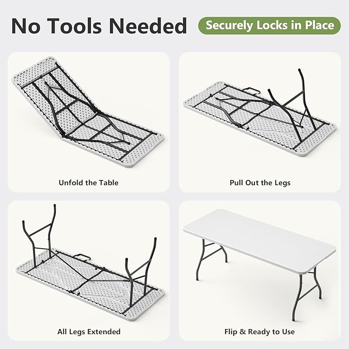 Folding Table 2 Pack, 5 FT Foldable Plastic Table with Carrying Handle, Heavy Duty Portable Fold-in-Half Utility Table for Party, Camping, Banquet, Craft, Wedding, Indoor & Outdoor Use