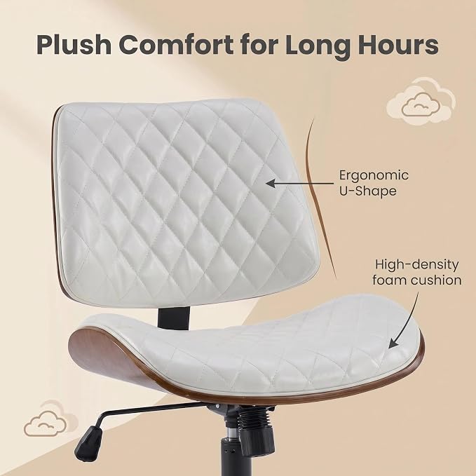 Furnimart Wooden Armless Desk Chair with Wheels, 360° Swivel Faux Leather Vanity Chair for Bedroom, Small Office Computer Task Chair for Home & Compact Spaces (PU White)