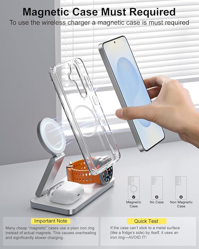 3-in-1 Charging Station for Samsung, Magnetic Fast Wireless Charger Stand Compatible with MagSafe for Galaxy S26/S25/S24/S23/Z Fold/Flip 7 Series, Galaxy Watch Ultra/8/7/6/5, Galaxy Buds Pro/4//3/2