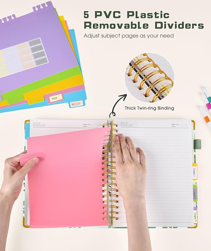 Hardcover Spiral Notebook Journal with Removable Dividers Tabs, 300 Pages 5 Subject Notebook College Ruled, 100GMS Notebooks for Work School Note Taking,Lined Journal for Women,Colorful Botanicals